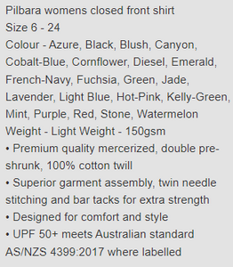UAHS1017 RM300CF PILBARA LADIES SHIRT  HALF BUTTON SIZE 6 - 24