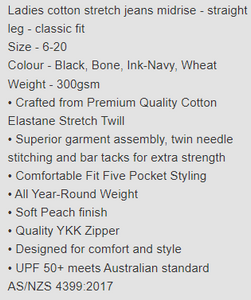 UAHS1019 RMPC015 PILBARA LADIES COLOUR JEANS SIZE 6 - 20